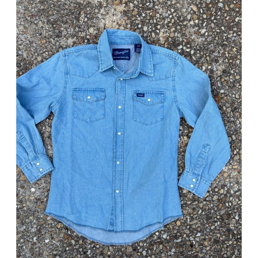 Wrangler Western Pearl Snap Shirt Boys L 10-12 Light Blue Denim Long Sleeve